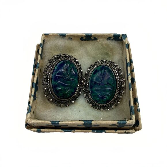 Antique Malachite Azurite Sterling Silver Oval Clip On Earrings scarab beetle ?
